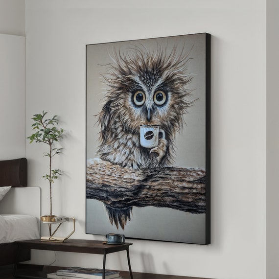 A genuinely hand-painted surrealist canvas of an owl having its morning coffee — weird, charming, and clearly made by an actual human with a brush.