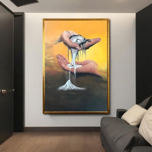 May include: A painting of a hand holding a melting pocket watch, with the melted time dripping into a pile of sand below. The background is a yellow and orange sunset.