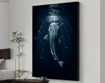 Canvas Painting Whale Shark, Deep Sea Light Rays Wall Art, Ocean Wall Decor, Handcrafted Underwater Marine Life, Unique Gift Idea