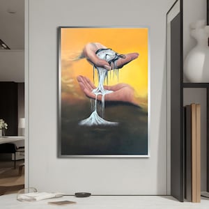 May include: A painting of a hand holding a melting pocket watch, with the melted time dripping onto another hand below. The background is a yellow and orange sunset.