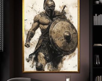 Spartan Warrior Canvas Painting, Ancient Gladiator Wall Art, Epic Battle Decor, Historical Fighter Canvas, Soldier Artwork, Perfect Gift