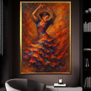 Flamenco Dancer Canvas Painting, Spanish Dance Wall Art with Fiery Colors, Dance Print, Elegant Woman Portrait, Perfect Gift