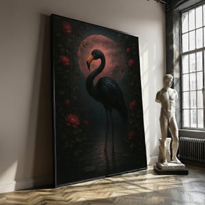 May include: A large framed artwork featuring a black flamingo with a yellow beak, set against a backdrop of a red moon and dark foliage with red roses. The artwork is displayed in a room with a statue and a window.