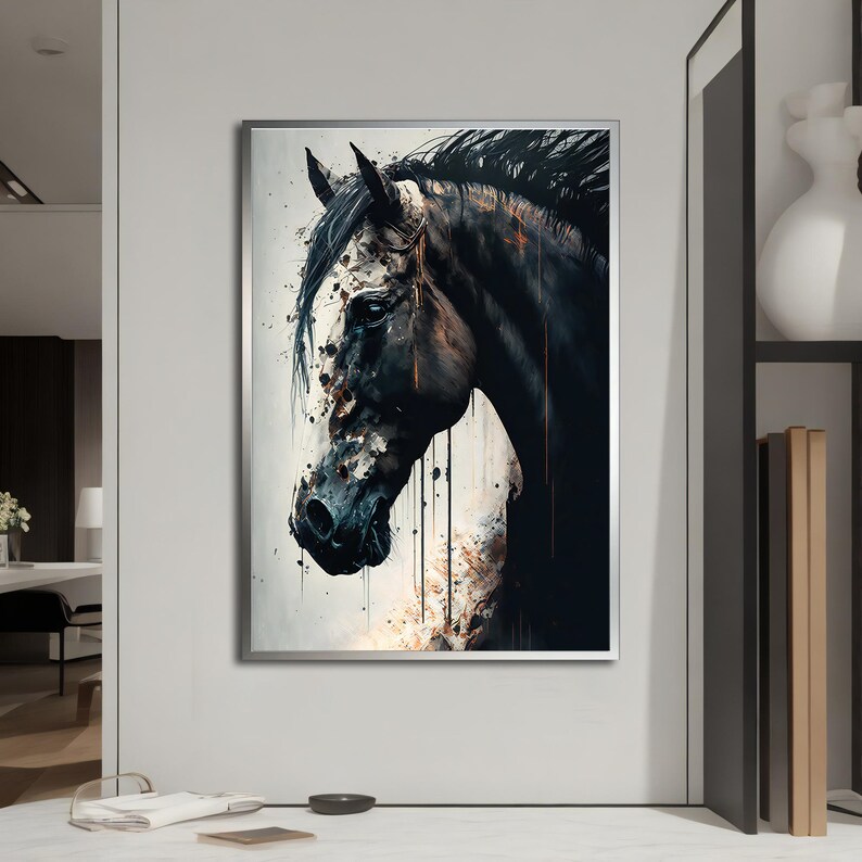 May include: A black and white abstract painting of a horse's head with splashes of color in the background.