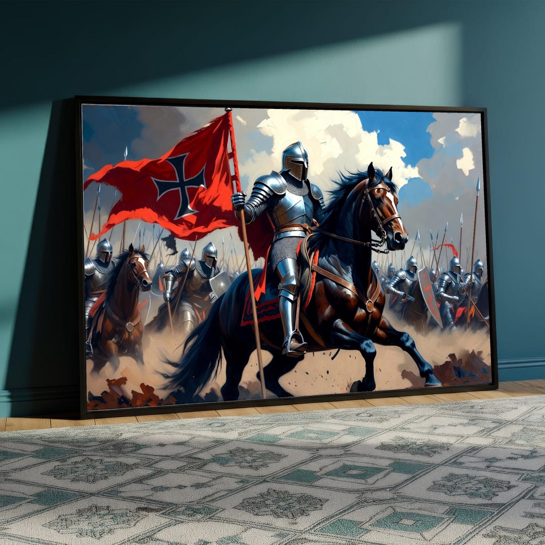 Medieval Knight Cavalry Canvas Wall Art, Armored Horse Rider, Red ...