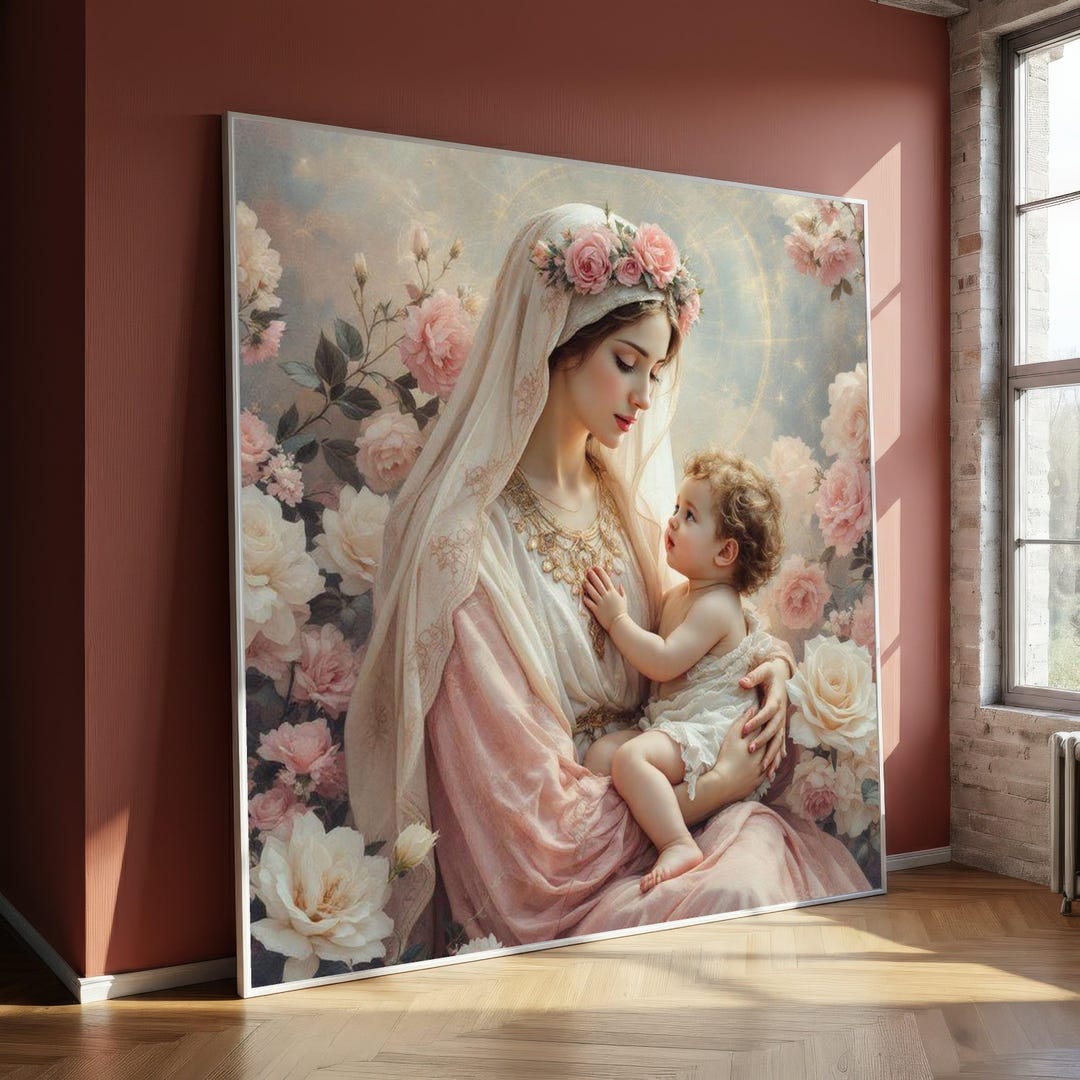 Virgin Mary and Baby Jesus Canvas Painting, Floral Holy Mother Wall Art ...
