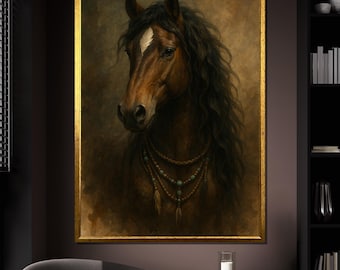 Wild Horse Canvas Painting With Rustic Western Style, Brown Stallion Wall Art With Tribal Details, Horse Wall Print, Unique Gift Idea