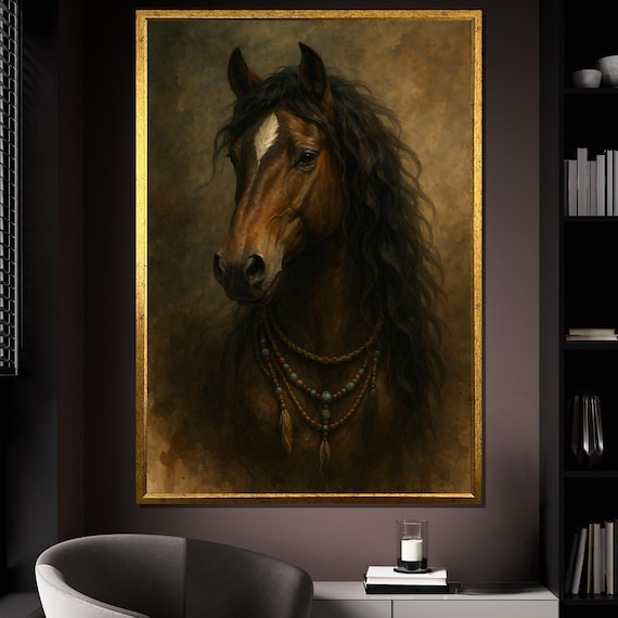 Wild Horse Canvas Painting With Rustic Western Style, Brown Stallion Wall Art With Tribal Details, Horse Wall Print, Unique Gift Idea