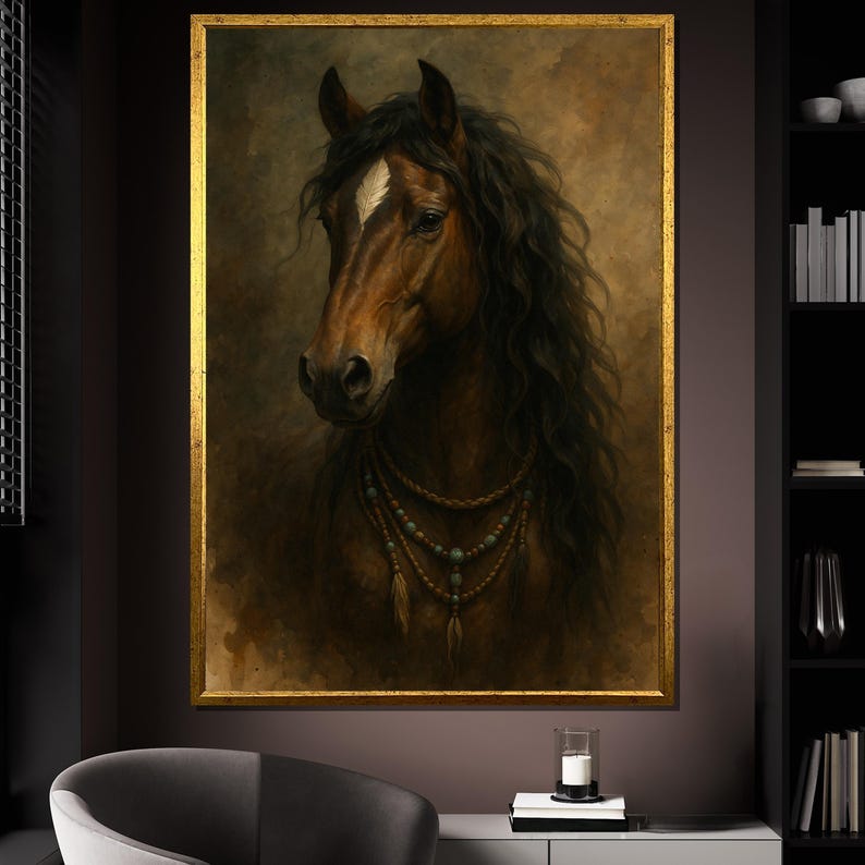Pu&ograve; includere: Ritratto incorniciato di un cavallo. Il cavallo ha un mantello marrone, una lista bianca e una lunga criniera scura. Indossa una collana di perline con accenti turchesi. La cornice &egrave; dorata e lo sfondo &egrave; marrone.