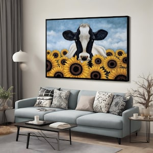 Niedliche Kuh und Sonnenblumen Leinwand Kunst, Natur Leinwand Gemälde für Inneneinrichtung, Natur Kunst, neugierige Kuh Wand dekor, perfektes Geschenk