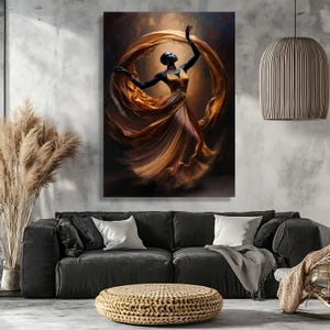 Elegant African Woman Dancing Canvas, Flowing Dress Wall Art, Ethnic Fashion Portrait, Modern Home Decor Canvas, Graceful Movement Painting image 6