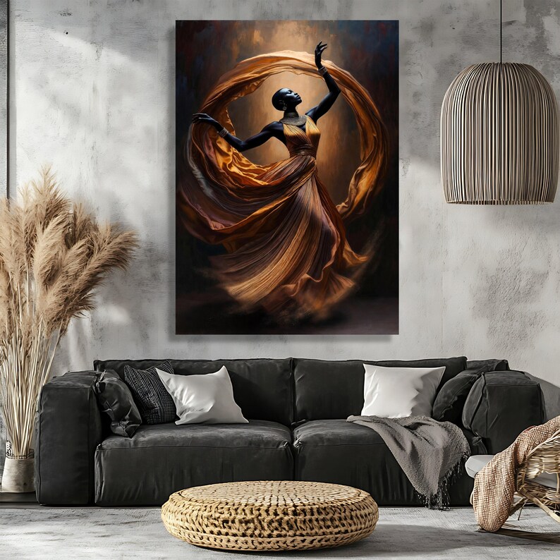 Elegant African Woman Dancing Canvas, Flowing Dress Wall Art, Ethnic Fashion Portrait, Modern Home Decor Canvas, Graceful Movement Painting image 6