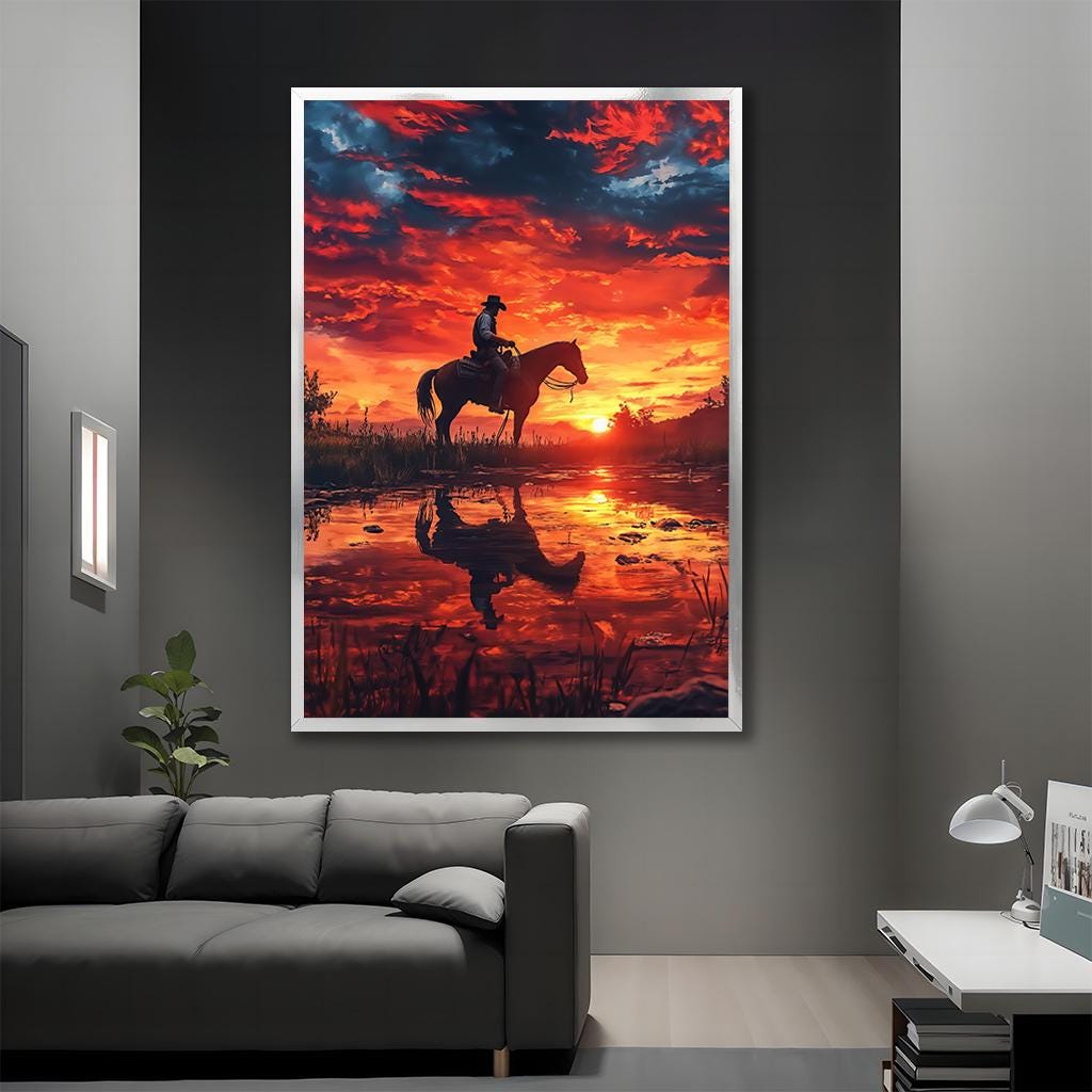 Sunset Cowboy Canvas Painting, Western Wall Art With Horse, Rustic ...