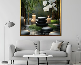 Zen Spa Canvas Painting, Orchid and Candle Wall Art, Tranquil