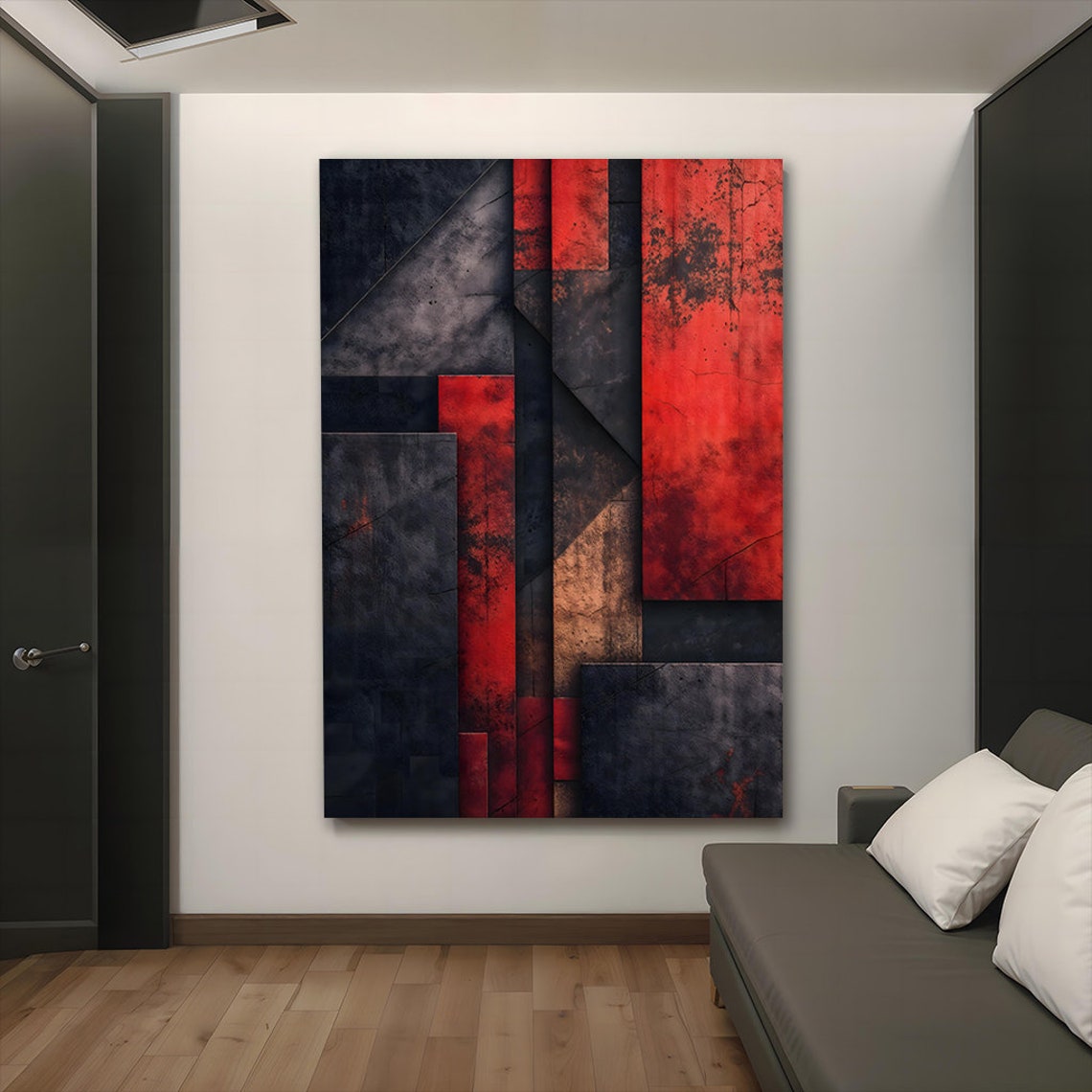 Modern Geometric Abstract Canvas Art - Bold Red and Black Wall Decor ...