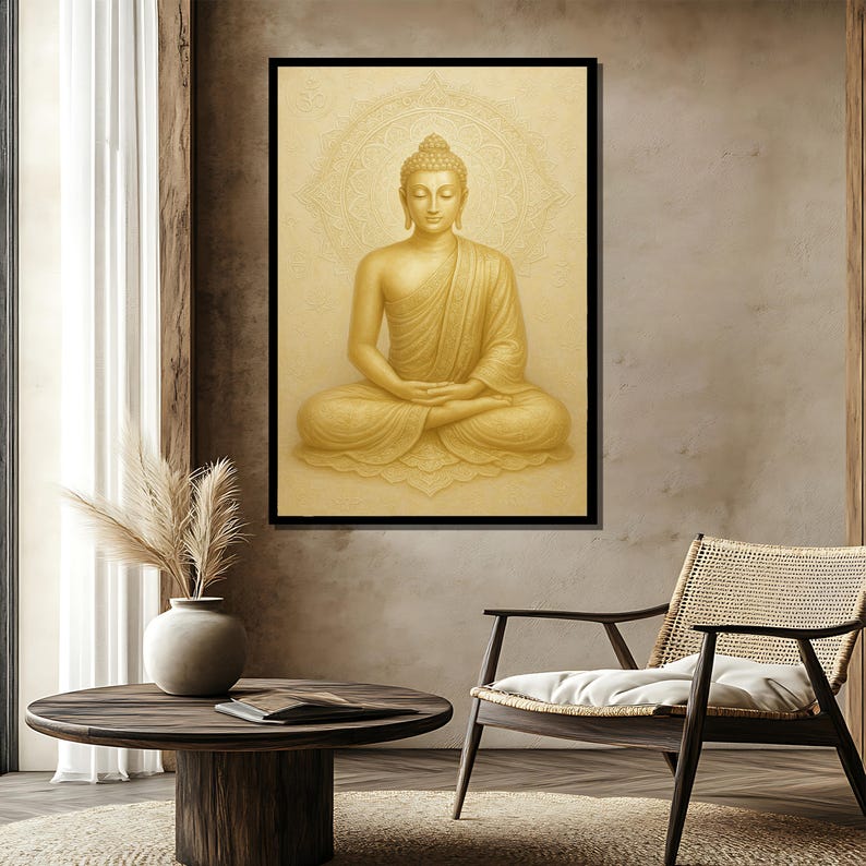 May include: A golden Buddha statue sits in a meditative pose with hands in the lap. The statue is surrounded by a mandala pattern and a light gold background.