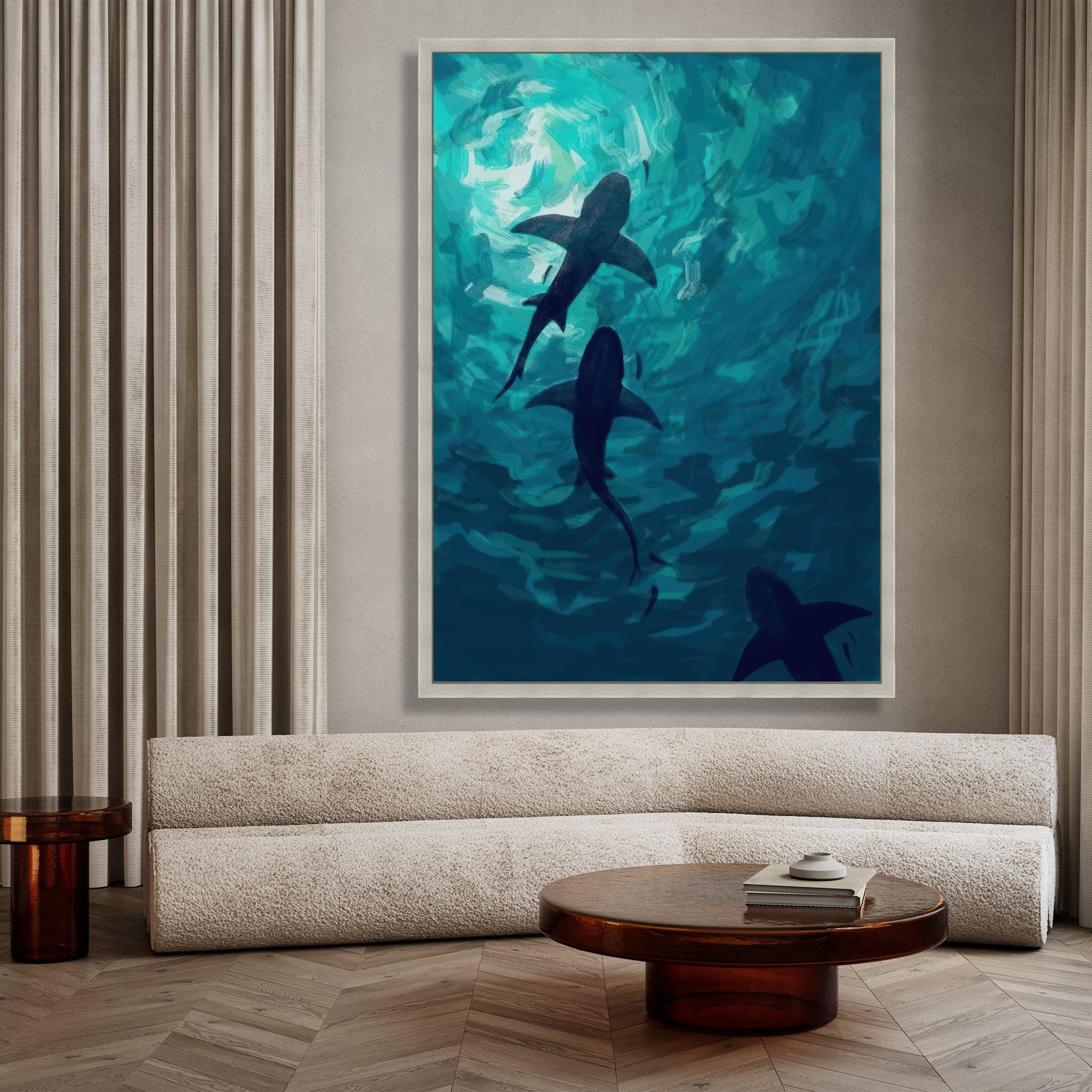 Shark Ocean Canvas Painting, Deep Sea Blue Wall Art, Modern Marine Life ...