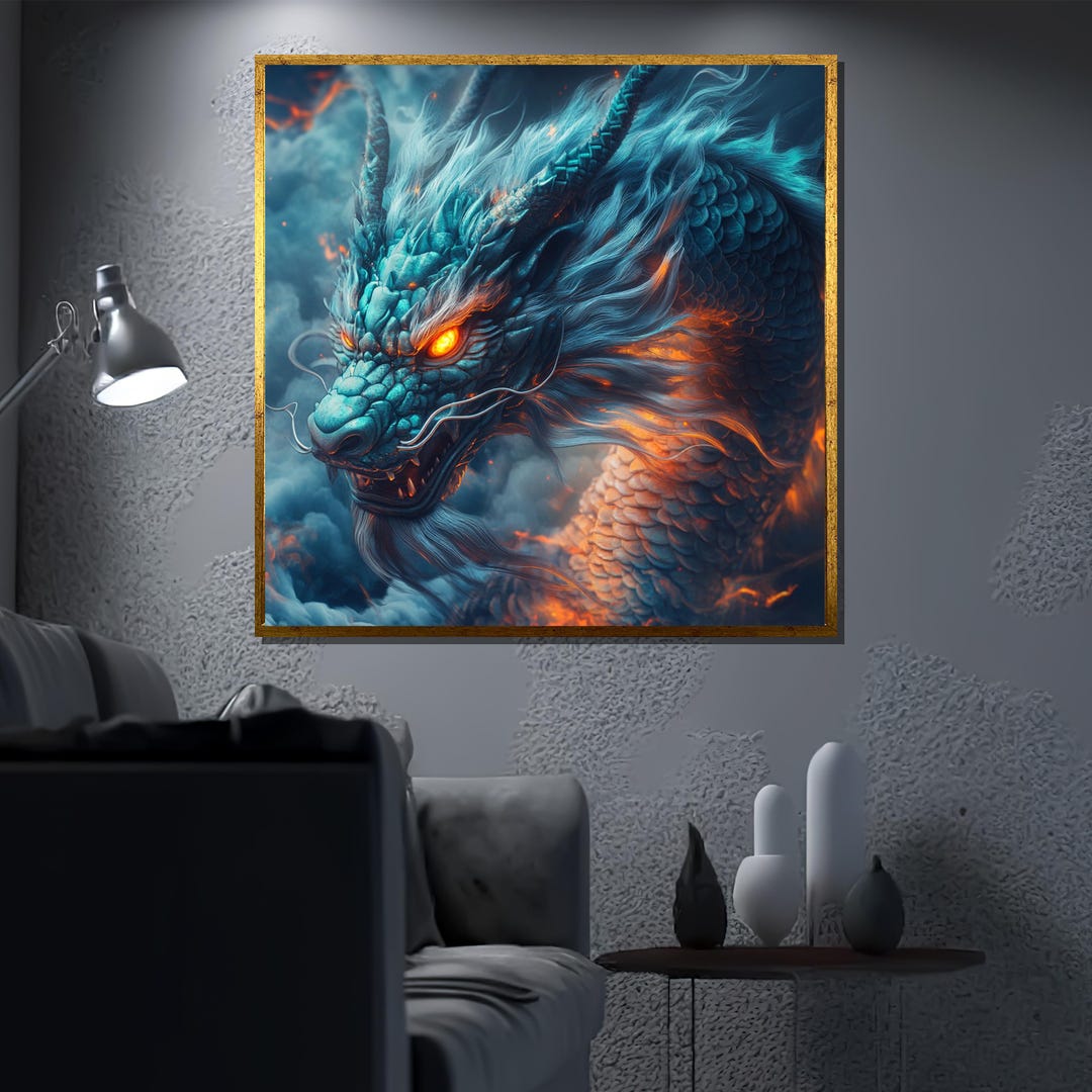 Blue Fire Dragon Canvas Painting, Mythical Creature Wall Art for ...