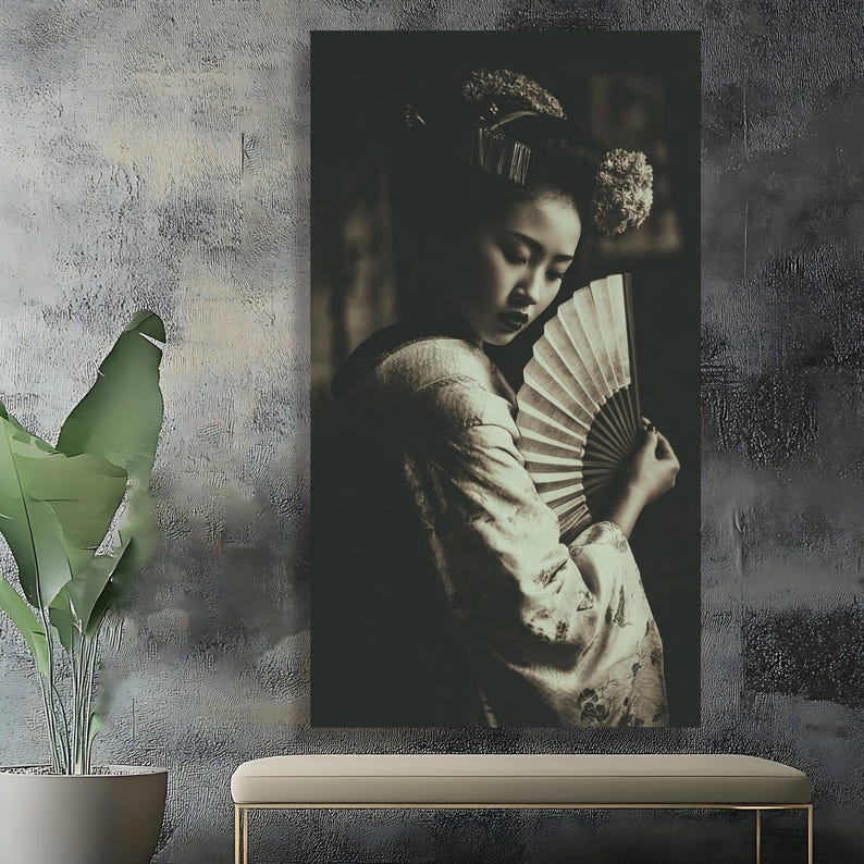 Elegant Japanese Geisha Portrait Canvas, Vintage Style Kimono Wall Art ...