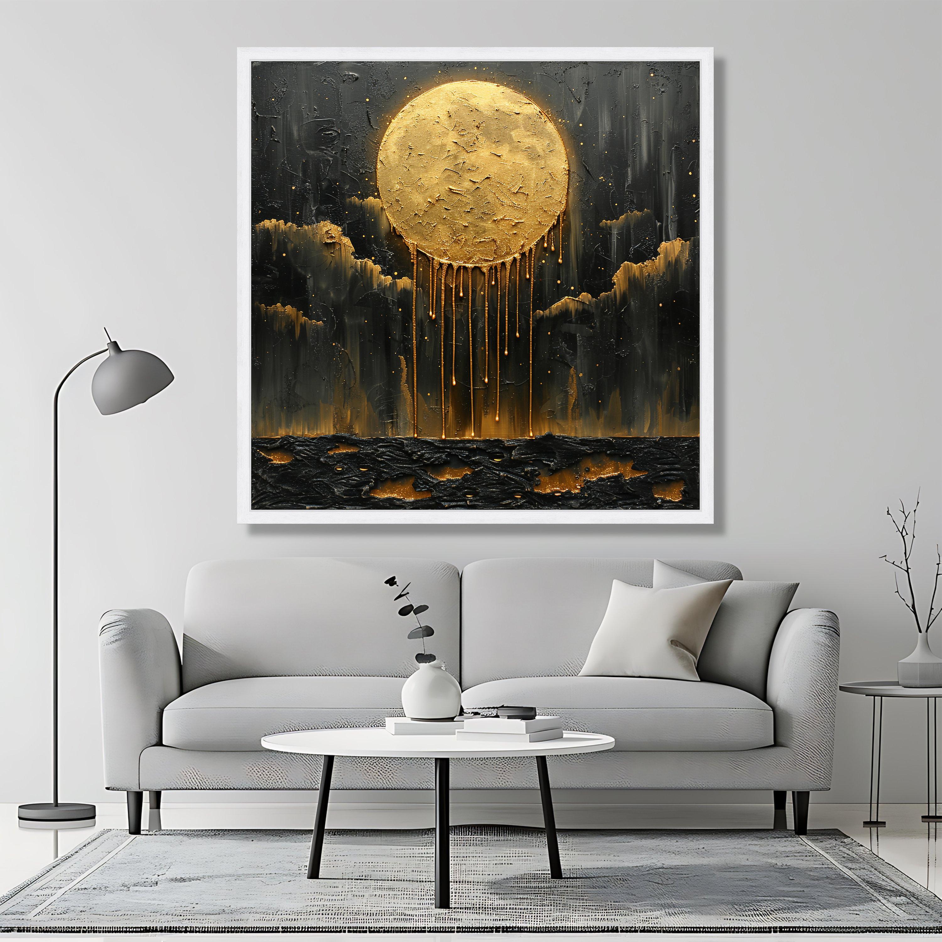 Golden Moon Canvas Painting, Abstract Night Sky Wall Art, Modern Black ...