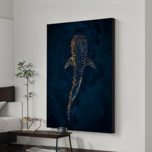K&ouml;nnte beinhalten: Ein digitaler Kunstdruck eines Walhais mit goldenen und wei&szlig;en Mustern auf dunkelblauem Hintergrund.
