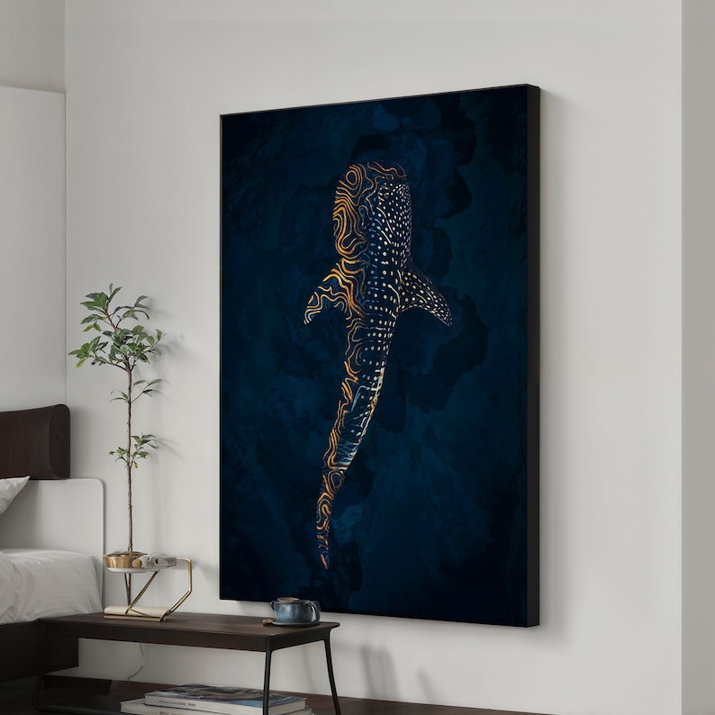 K&ouml;nnte beinhalten: Ein digitaler Kunstdruck eines Walhais mit goldenen und wei&szlig;en Mustern auf dunkelblauem Hintergrund.