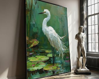 Tela artistica con airone bianco, elegante decorazione murale con uccelli, decorazione con natura verde e zone umide, moderna opera d'arte raffigurante la fauna selvatica, pronta da appendere, grazioso regalo artistico con animali