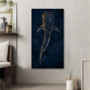 May include: A digital art print of a whale shark with a gold and blue pattern on a dark blue background.