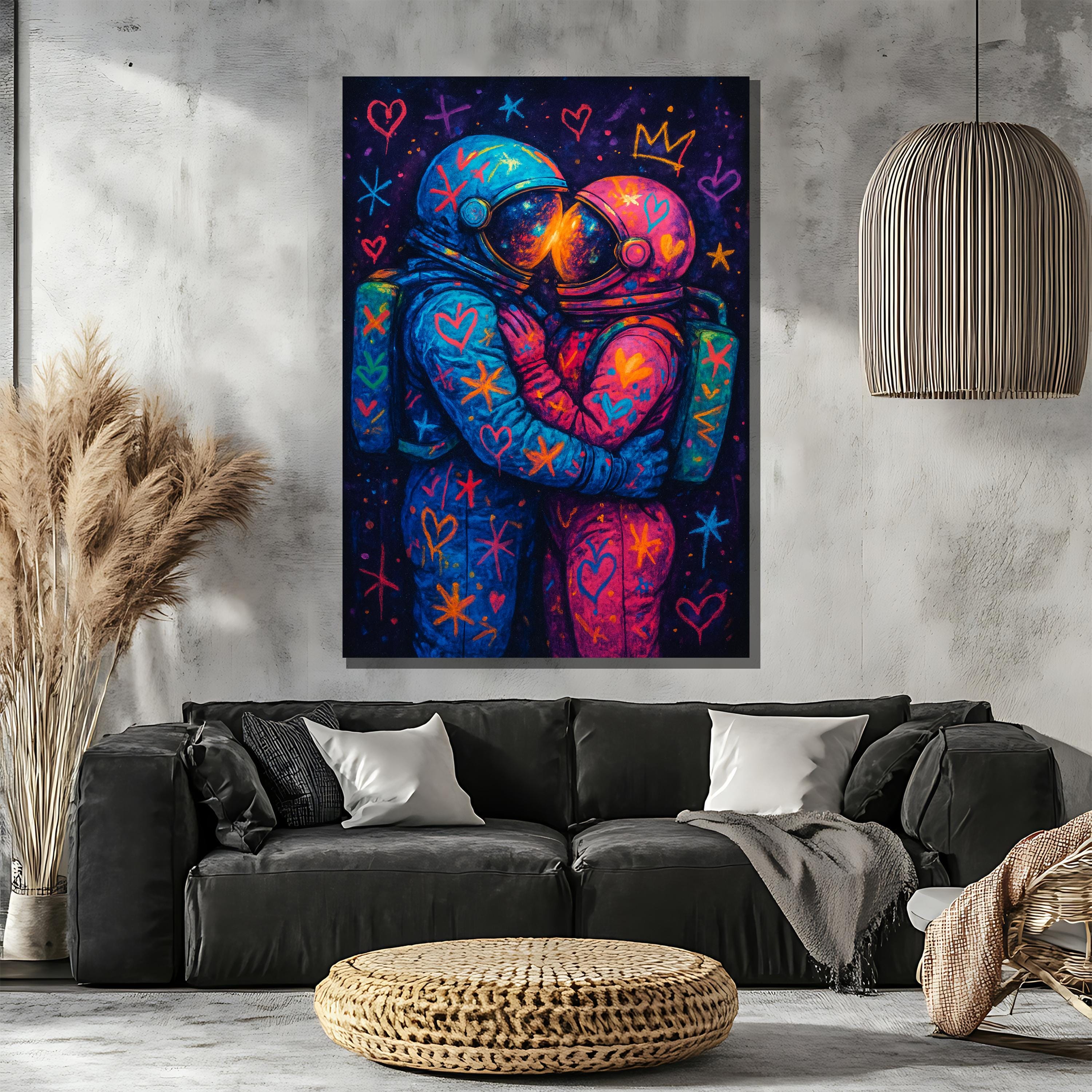 Astronaut Couple Canvas Painting With Neon Love Symbols, Colorful Space ...