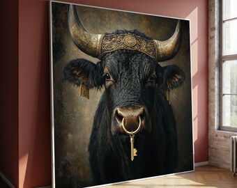 Majestic Black Bull Canvas Wall Art, Ornate Golden Crown and Key, Farm Animal Portrait, Rustic Home Decor, Bull Poster, Perfect Gift