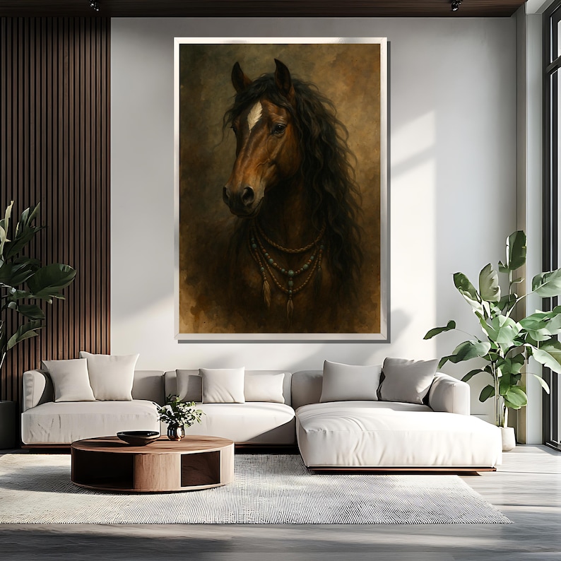 Pu&ograve; includere: Una stampa su tela incorniciata raffigurante la testa di un cavallo. Il cavallo ha un mantello marrone, una macchia bianca e una lunga criniera nera fluente. Indossa una collana di perline con piume. Lo sfondo &egrave; una miscela di toni marroni e beige.