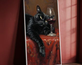 Relaxing Black Cat Canvas Print, Wine Glass Painting, Cozy Home Decor, Animal Art Print, Still Life Canvas Wall Art, Luxury Art Gift