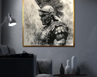 Roman Warrior Canvas Painting, Black and White Gladiator Wall Art, Historical Warrior Artwork, Masculine Home Art, Unique Gift