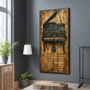 Vintage canvaskunst piano - rustieke muzikale muurdecoratie, extra grote muurkunst, klaar om op te hangen, grote ingelijste klassieke print, cadeau-idee