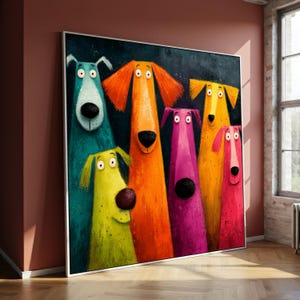 Può includere: Stampa artistica su tela incorniciata con un gruppo di cani stilizzati e colorati. I cani sono raffigurati in tonalità di verde acqua, arancione, giallo, rosa e rosso, con grandi nasi neri e occhi espressivi. L'opera d'arte ha uno stile stravagante e fumettistico.