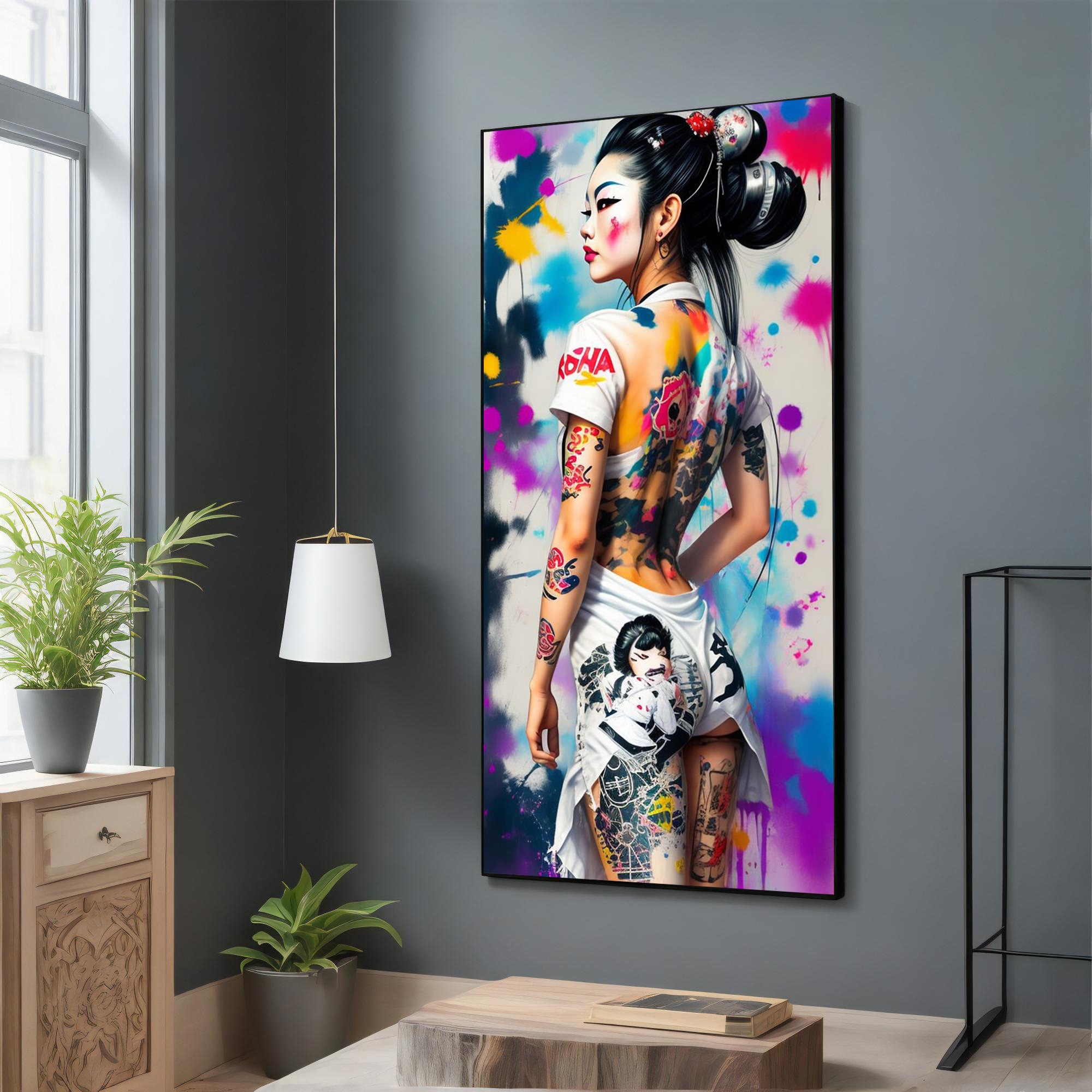 Pintura em tela de gueixa cyberpunk, arte de parede japonesa vibrante, arte de parede de gueixa cyberpunk, presente de decoração de casa moderna, pronto para pendurar, ideia de presente