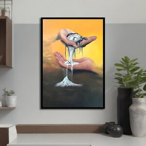 May include: A surreal painting of a hand holding a melting pocket watch, with the melted time dripping onto a mountain peak in the background. The painting has a yellow and brown color scheme.