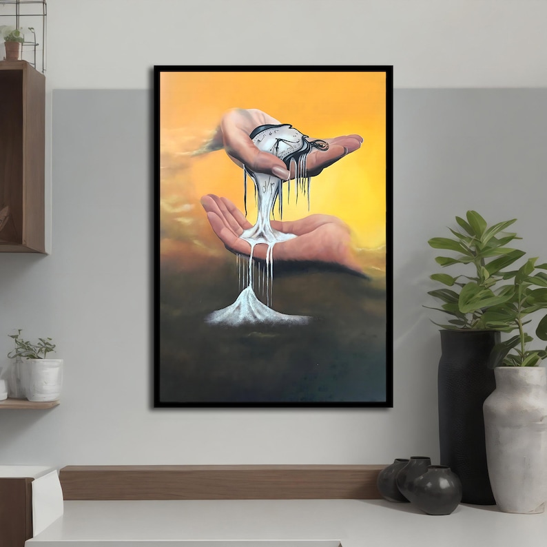 May include: A surreal painting of a hand holding a melting pocket watch, with the melted time dripping onto a mountain peak in the background. The painting has a yellow and brown color scheme.