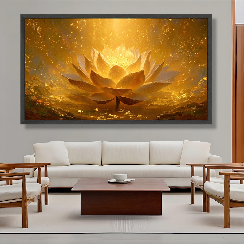 Radiant Golden Lotus Flower Canvas, Spiritual Zen Wall Art, Meditation Room Artwork, Lotus Art Print, Peaceful Home Decor, Spiritual Gift image 4