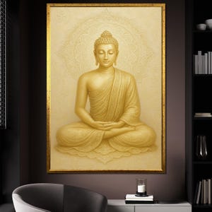 May include: A golden statue of Buddha sitting in meditation with a mandala behind him. The statue is in a gold frame.