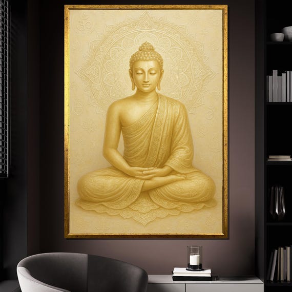 Buddha Canvas Painting, Golden Spiritual Wall Art, Zen Meditation Room Decor, Peaceful Buddhist Artwork, Unique Gift