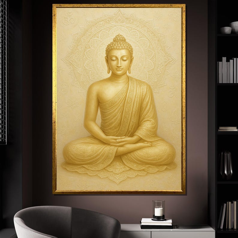 May include: A golden statue of Buddha sitting in meditation with a mandala behind him. The statue is in a gold frame.