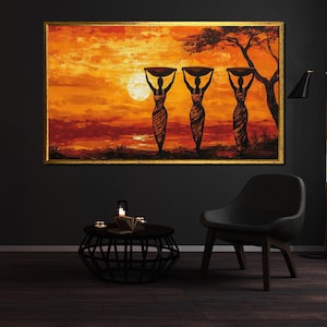 African Woman Canvas Painting, Sunset Tribal Wall Art with Orange Tones, Ethnic Home Decor, Afro Art Print, Unique Art Gift