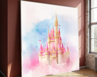 Fairy Tale Castle Canvas Painting, Pink Princess Wall Art, Magical Fantasy Palace Print, Dreamy Nursery Decor, Gift for Kids Room
