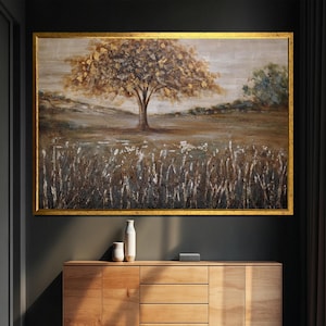 Golden Tree Canvas Painting: Rustic Autumn Landscape Wall Art