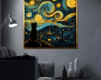 Canvas schilderij Van Gogh Sterrennacht kat, grillige muurkunst met silhouet zwarte kat, decor nachtelijke hemel, uniek cadeau