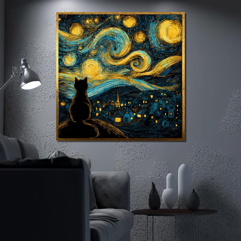May include: A framed print of a painting depicting a starry night scene with a black cat silhouette in the foreground. The artwork features swirling yellow and blue brushstrokes, a village, and a gold frame.