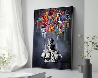 Banksy Child in Hot Air Balloon Canvas Painting - Urban Street Art for Modern Home Decor, Perfect Pop Art Gift