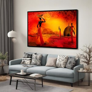 Wall Print of African Women, Vibrant Daily Life Canvas Painting, Large Wall Decor, Bright Sunset Wall Art, Unique Cultural Home Decor Gift