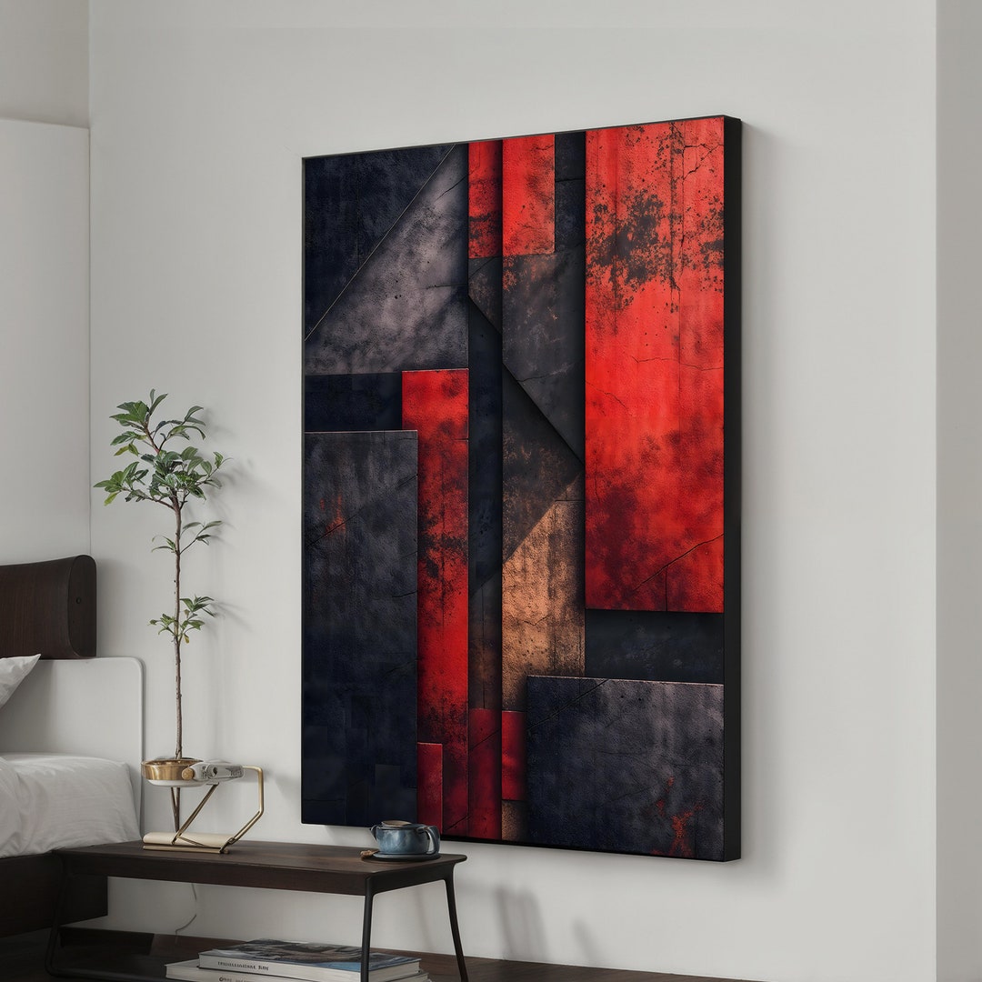 Modern Geometric Abstract Canvas Art - Bold Red and Black Wall Decor ...